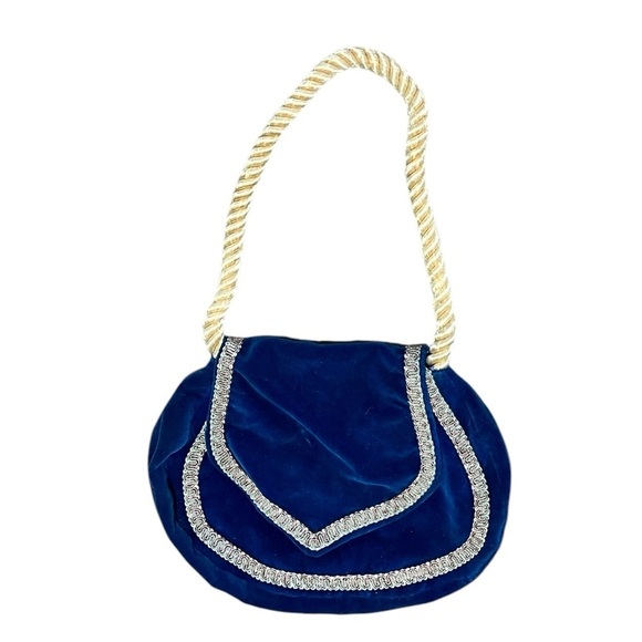 Vintage Blue Velvet Embroidered Handbag Purse Retro 60s 70s - Picture 1 of 8